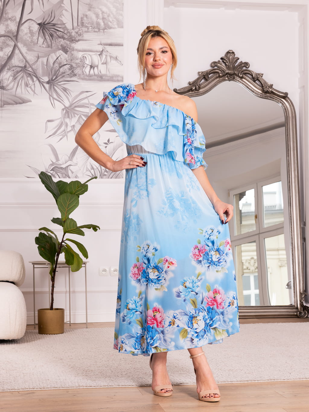 Sukienka koktajlowa hiszpanka ROSEMARY - kwiaty blue