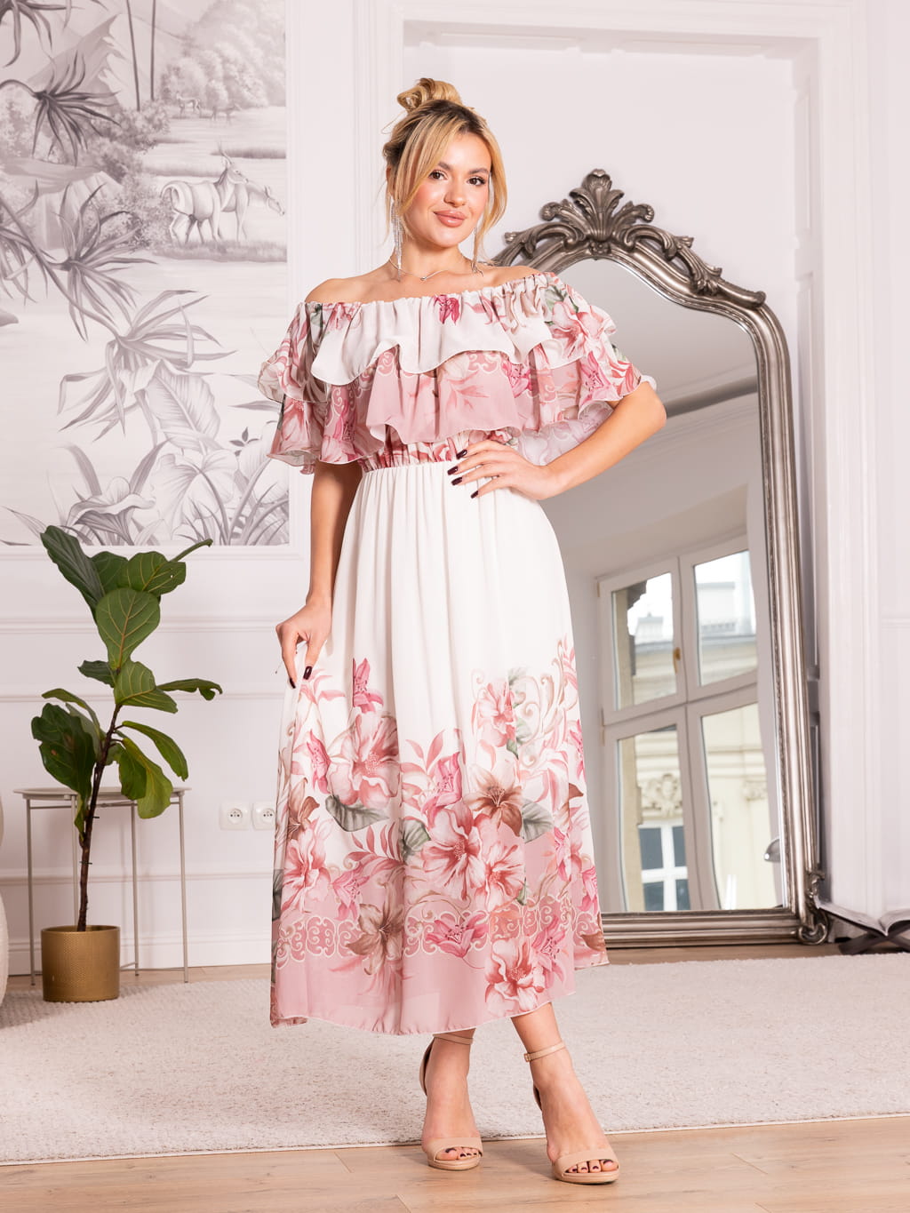 Sukienka koktajlowa hiszpanka ROSEMARY - kwiaty pink