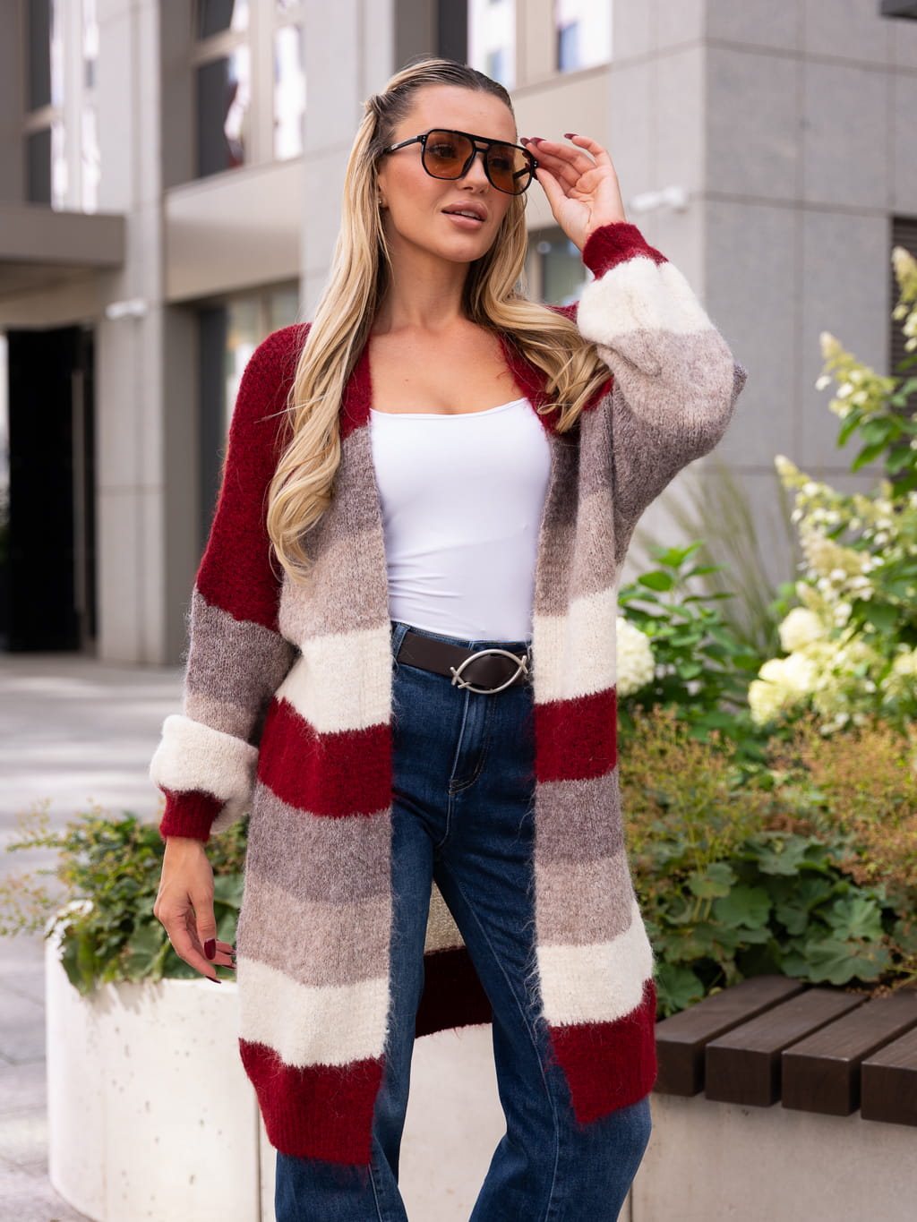 KARDIGAN w pasy trzy kolory PATTY - bordowy