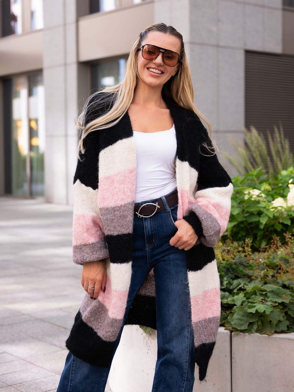 KARDIGAN w pasy trzy kolory PATTY - czarny