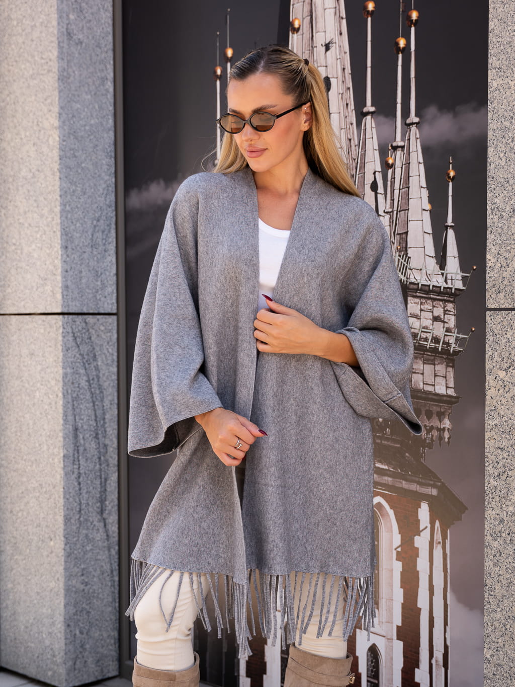 Luźny KARDIGAN z frędzelkami ZOEY - szary