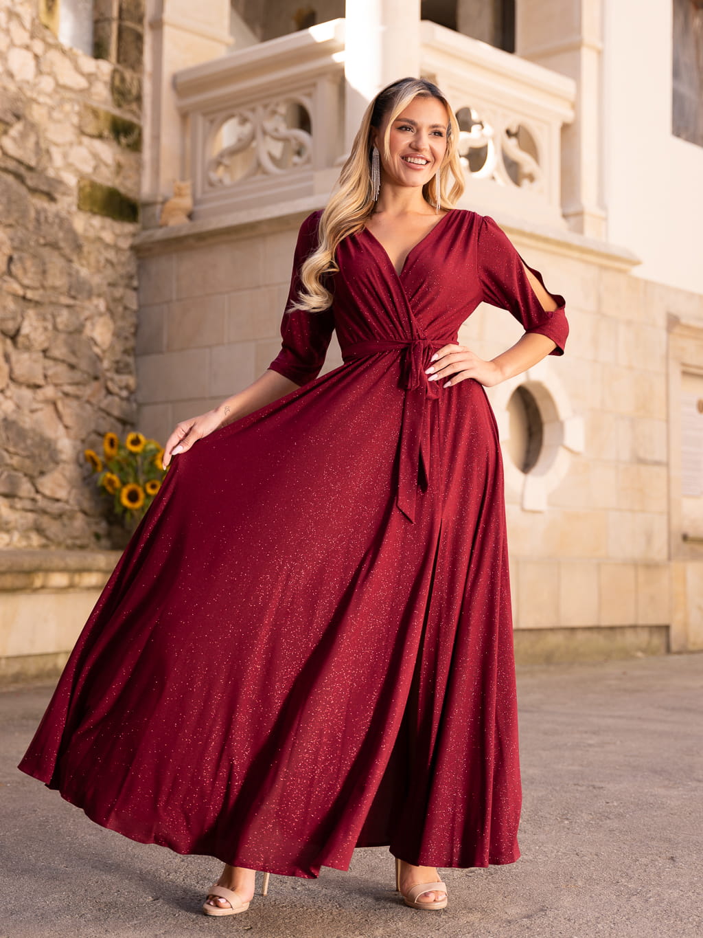 Sukienka brokatowa maxi Charlotte - bordo