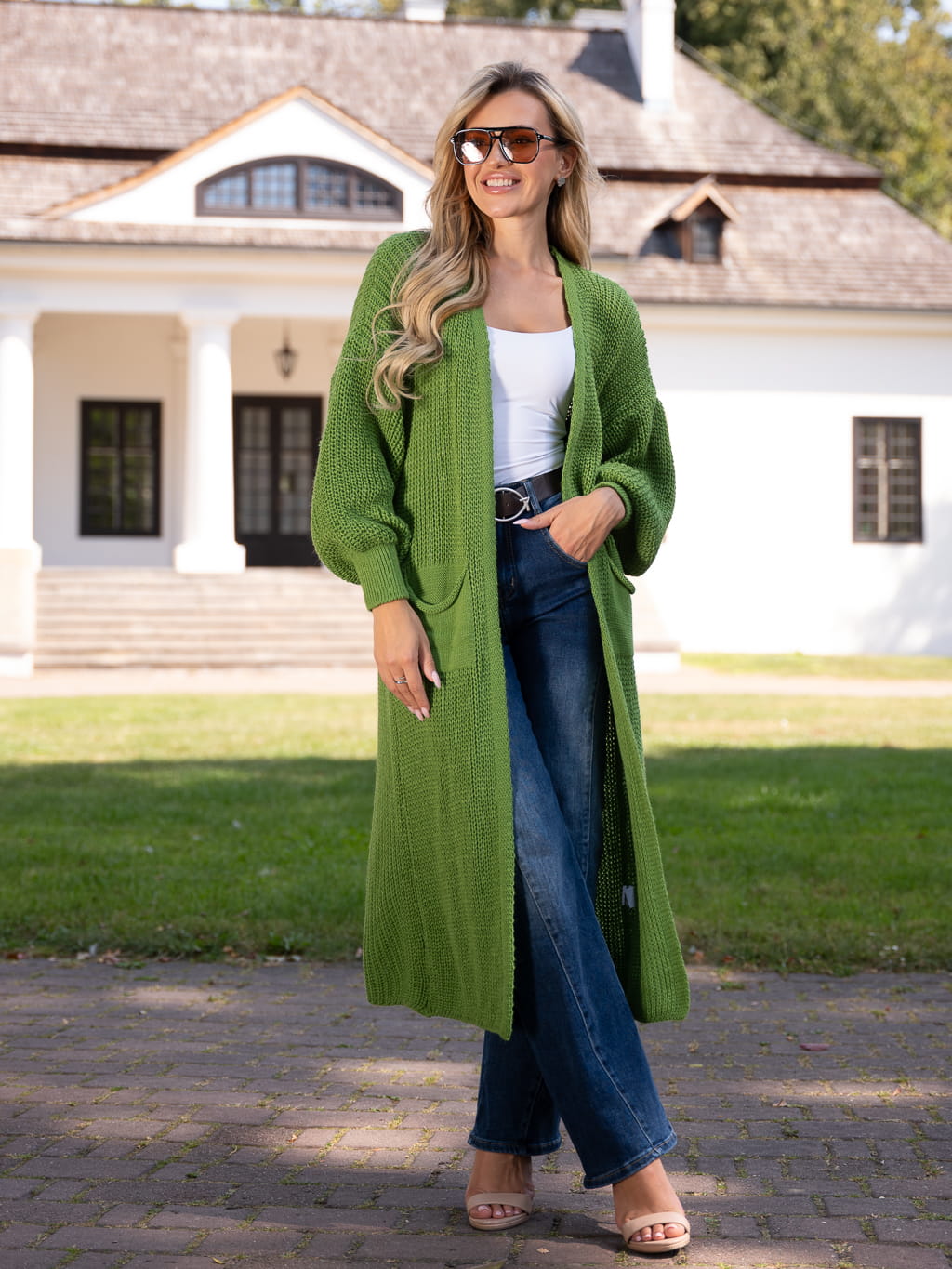 Długi KARDIGAN z bufiastymi rękawami LUIZA - kiwi