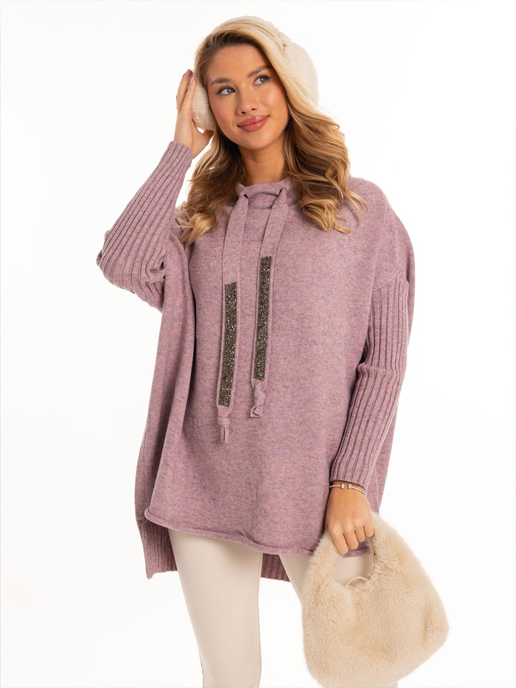 Luźny SWETER z troczkami ELLA - puder