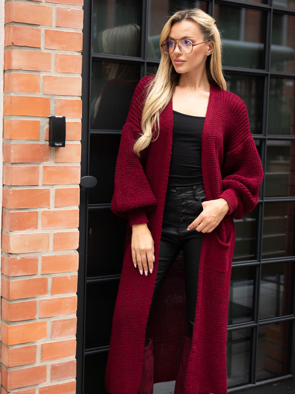 Długi KARDIGAN z bufiastymi rękawami LUIZA - burgund