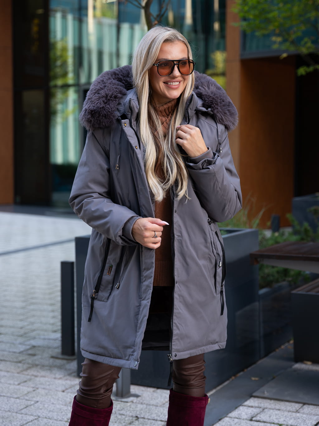 KURTKA parka z futrem i ściągaczem RHEA - szary