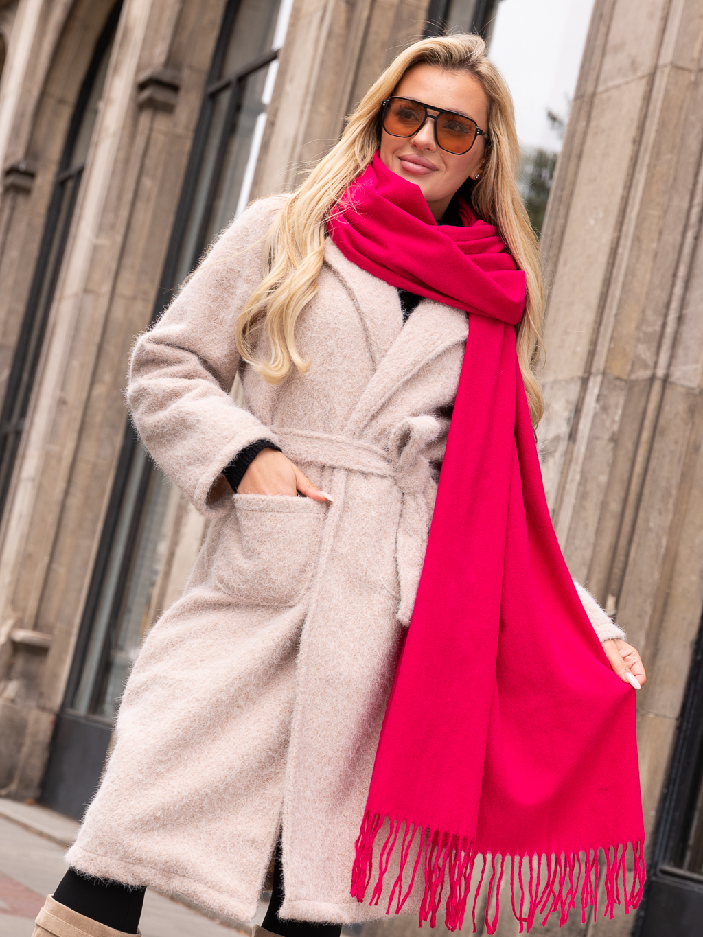 Gładki SZAL z frędzlami ELENI - malina