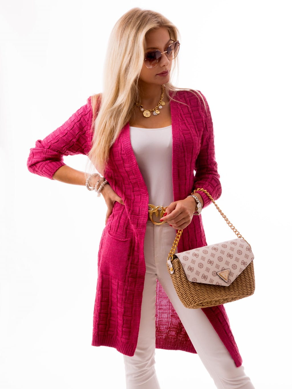 Kardigan w kwadraty - fuksja