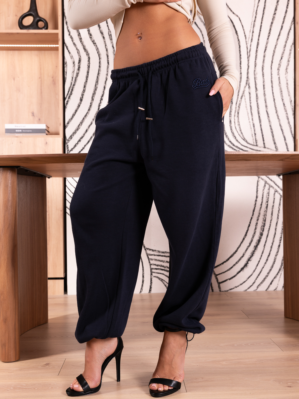 SPODNIE Dresowe SZEROKIE Ściągacz KYRA - Granat