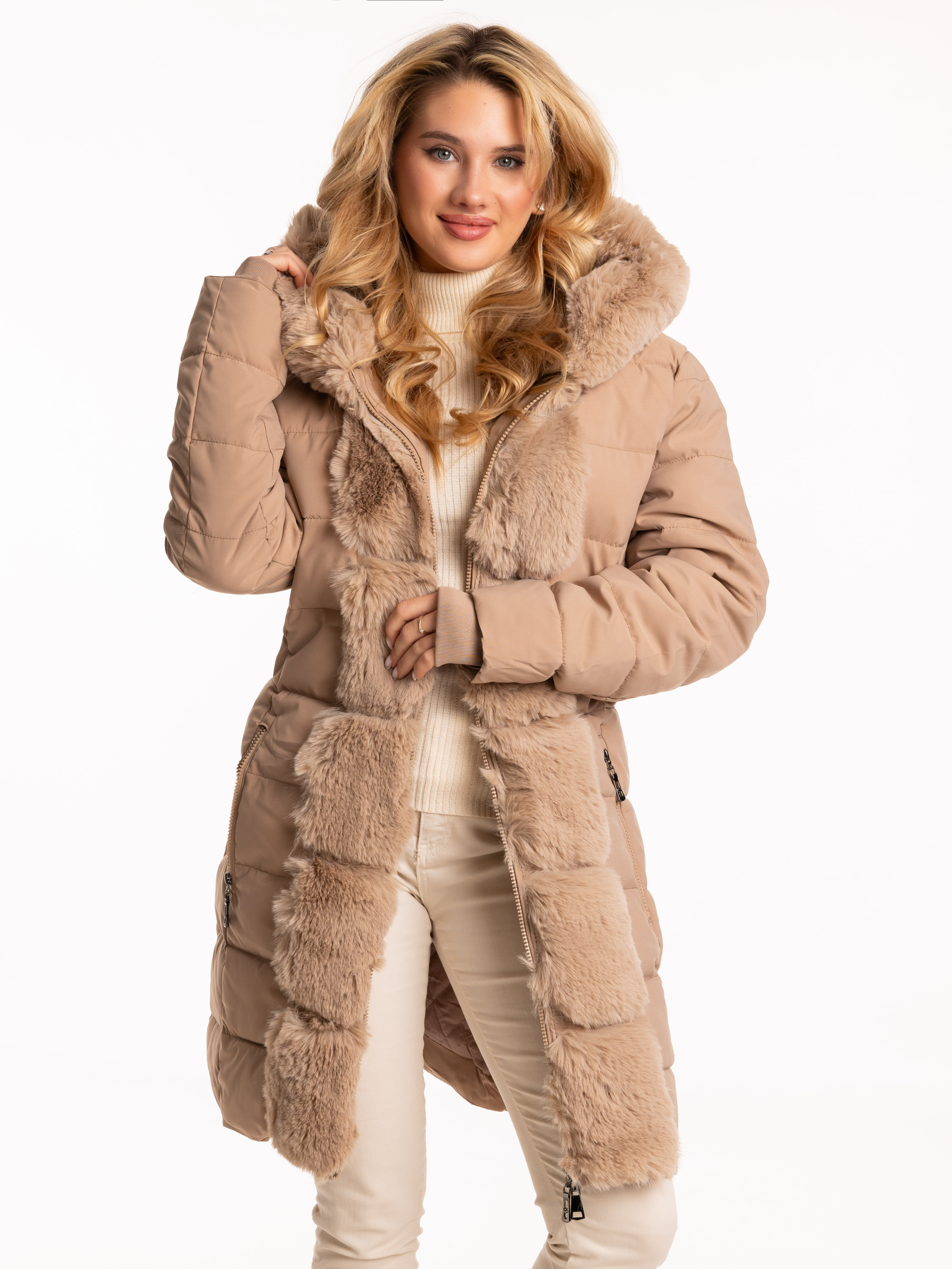 KURTKA Pikowana Zimowa Futerko CRESSIDA - Beige