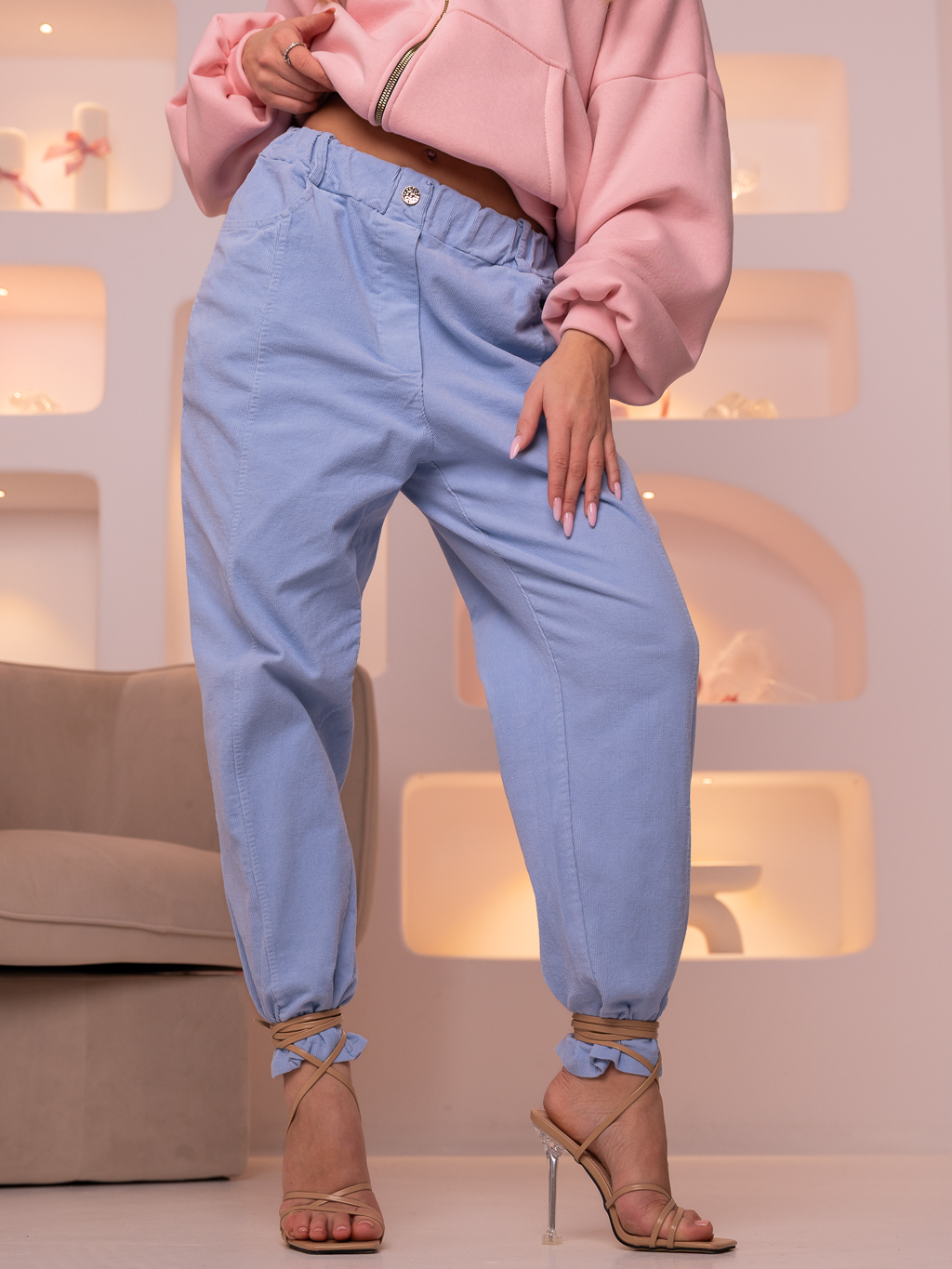 Spodnie SZTRUKSOWE Luźne Przeszycia DILARA - Błękit