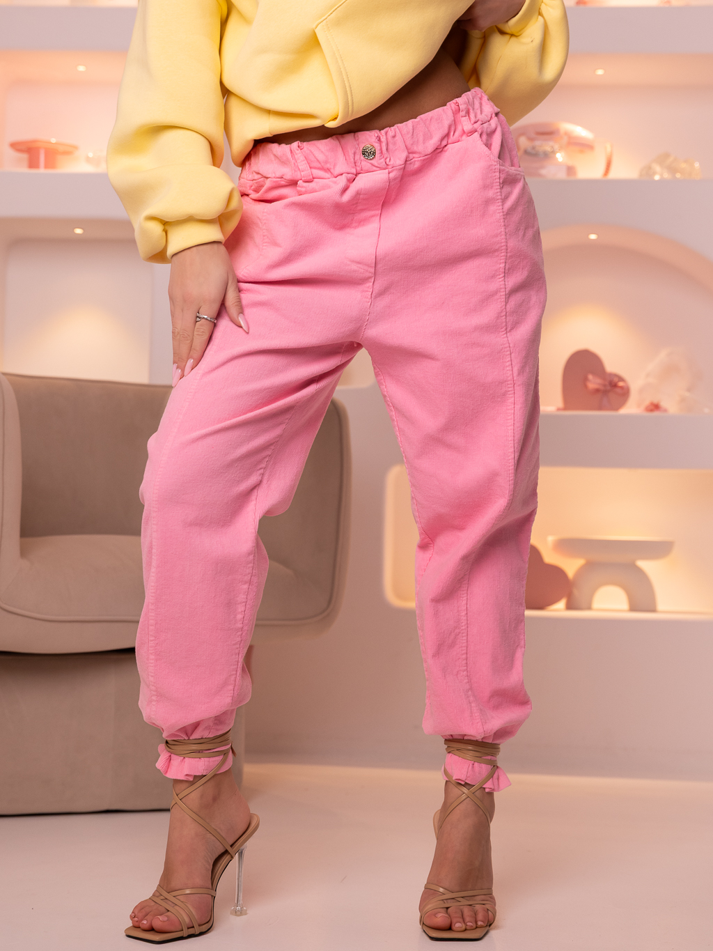 Spodnie SZTRUKSOWE Luźne Przeszycia DILARA - Róż