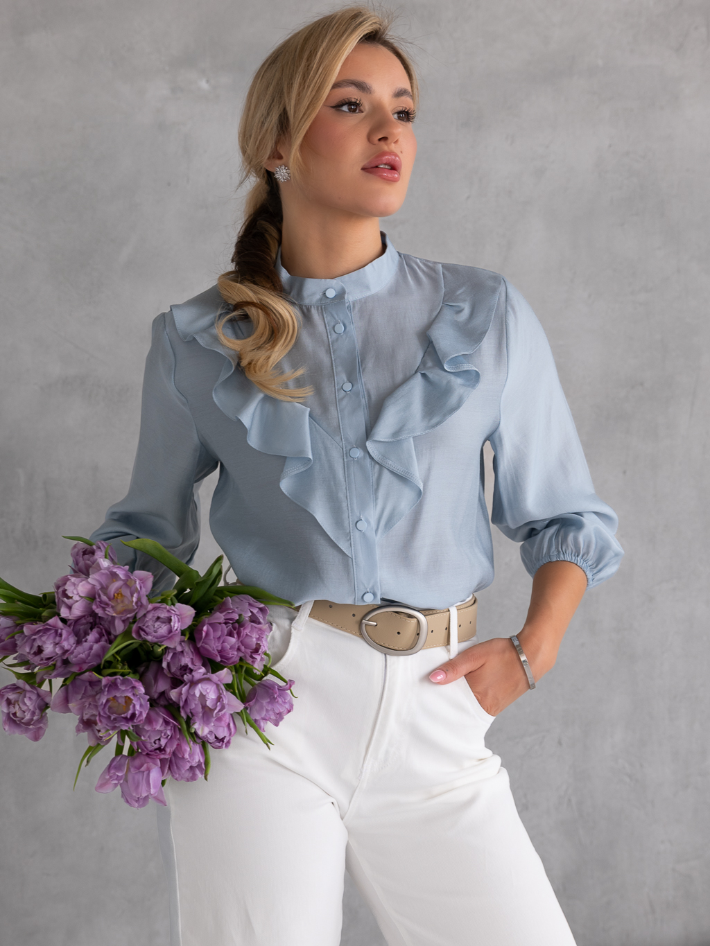 BLUZKA Żabot FALBANKI Elegancka SHIRIN - Błękit