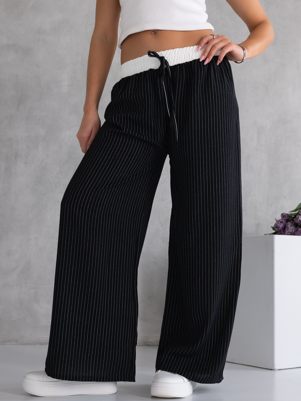 SPODNIE Szerokie PASKI Lamówka LIVA - Czarny