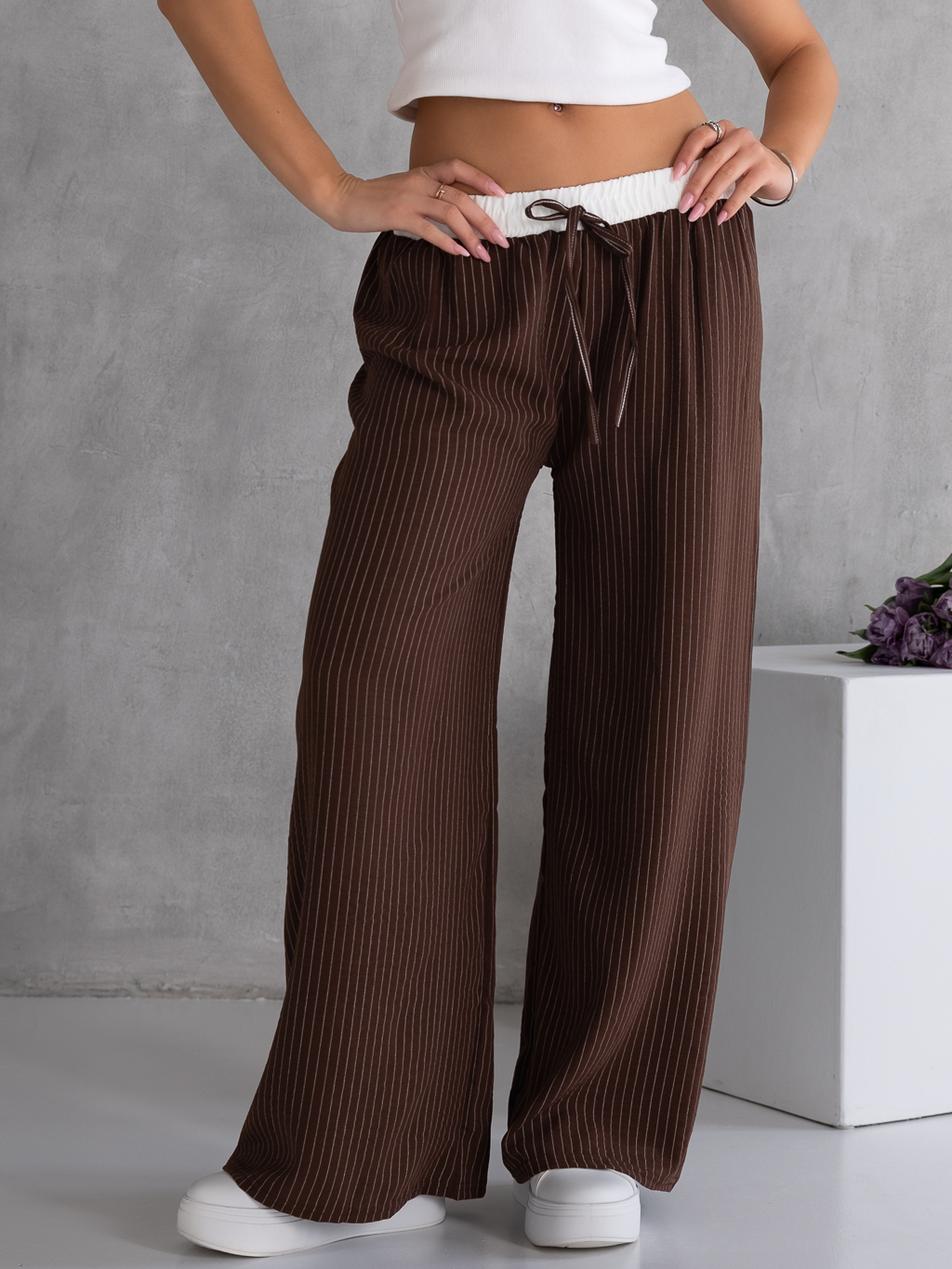 SPODNIE Szerokie PASKI Lamówka LIVA - Czekolada