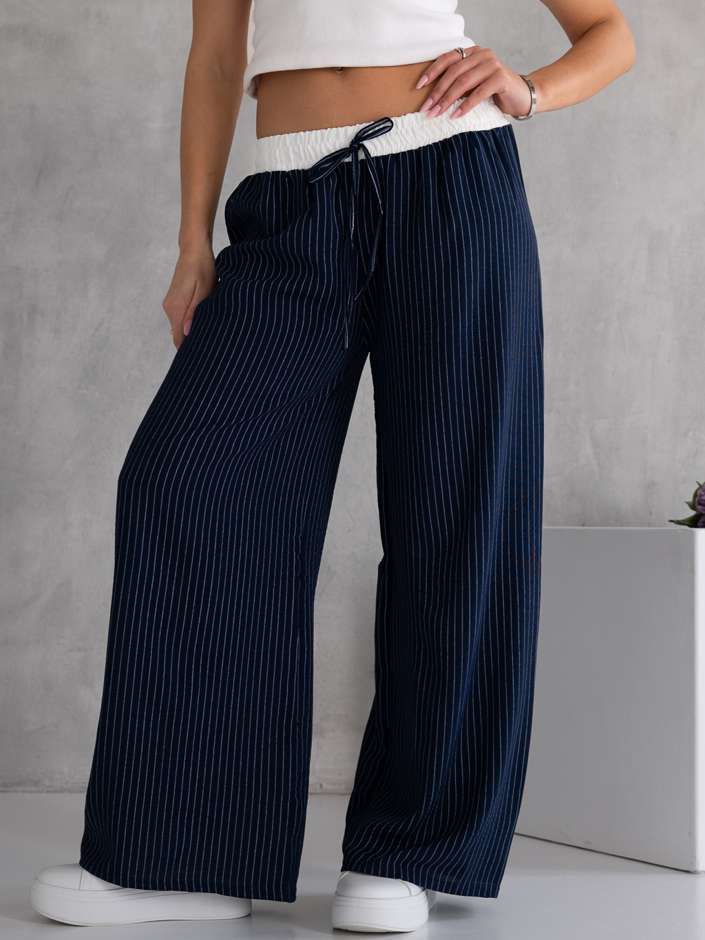 SPODNIE Szerokie PASKI Lamówka LIVA - Granat