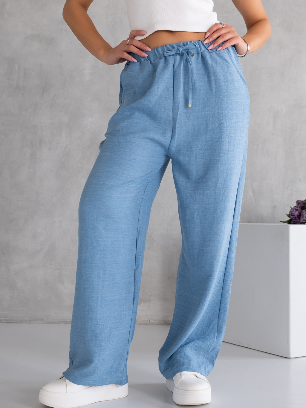 SPODNIE Ala LEN Luźne Casual PELAGIA - Błękit