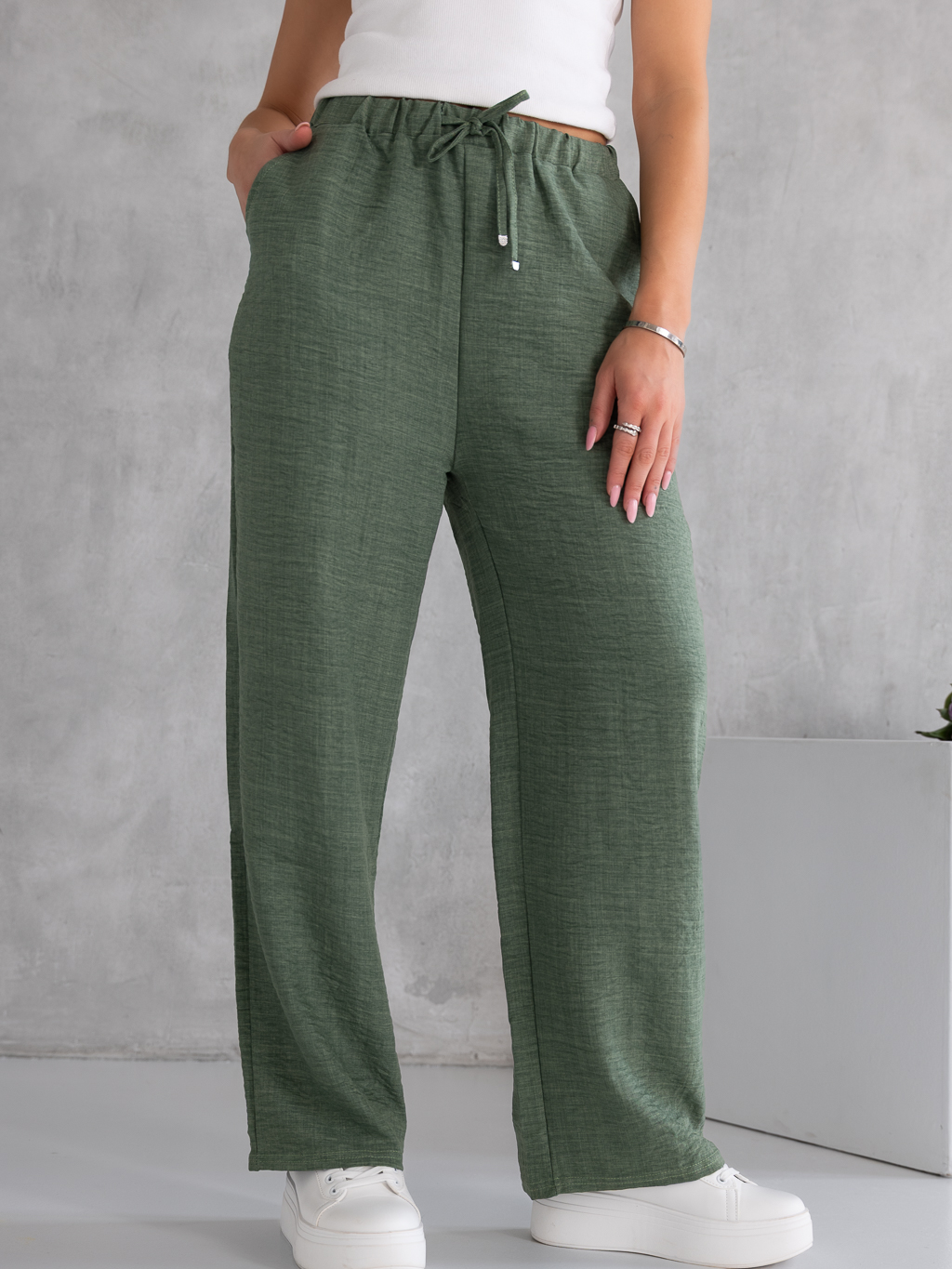 SPODNIE Ala LEN Luźne Casual PELAGIA - Khaki