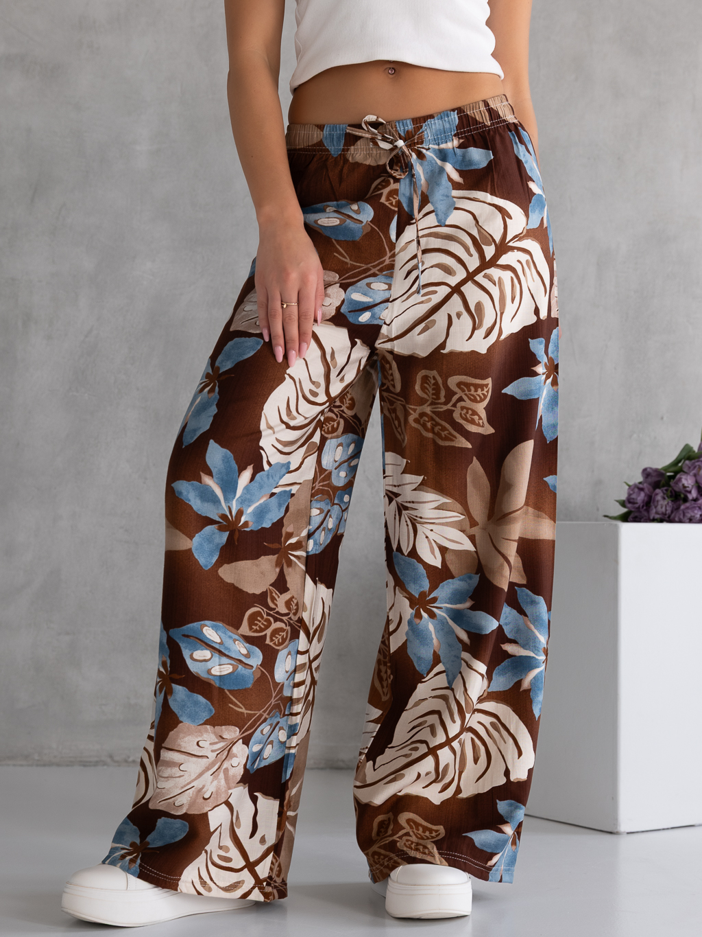 SPODNIE Szerokie LIŚCIE Wiązanie MERINA - Brąz