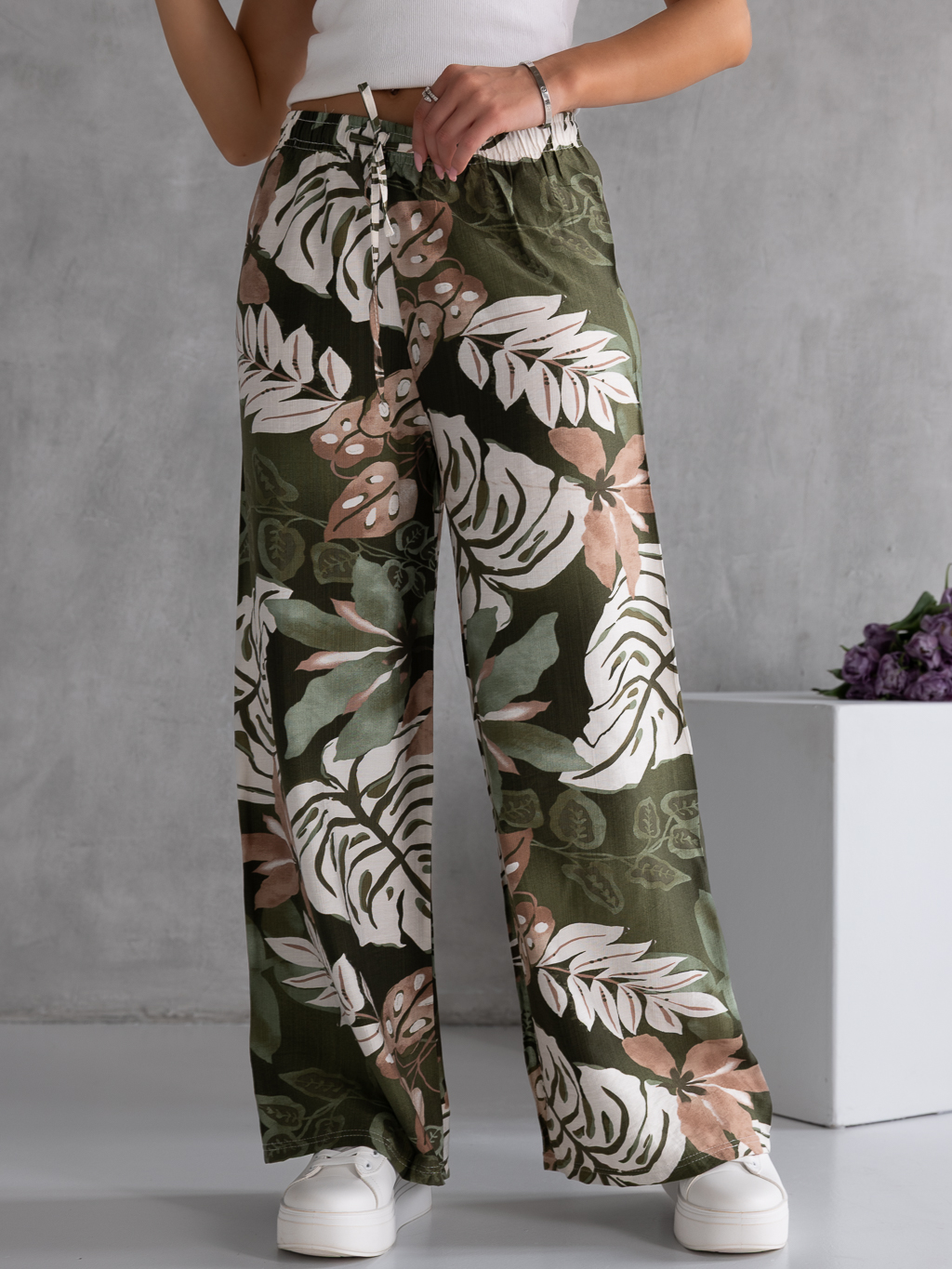 SPODNIE Szerokie LIŚCIE Wiązanie MERINA - Khaki