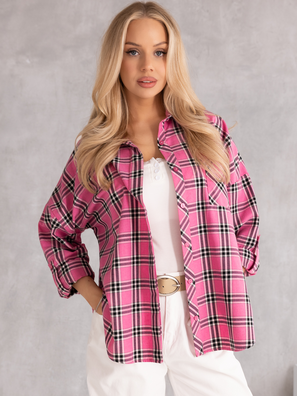 KOSZULA Kołnierzyk KRATA Kieszonka MIRRA - Pink