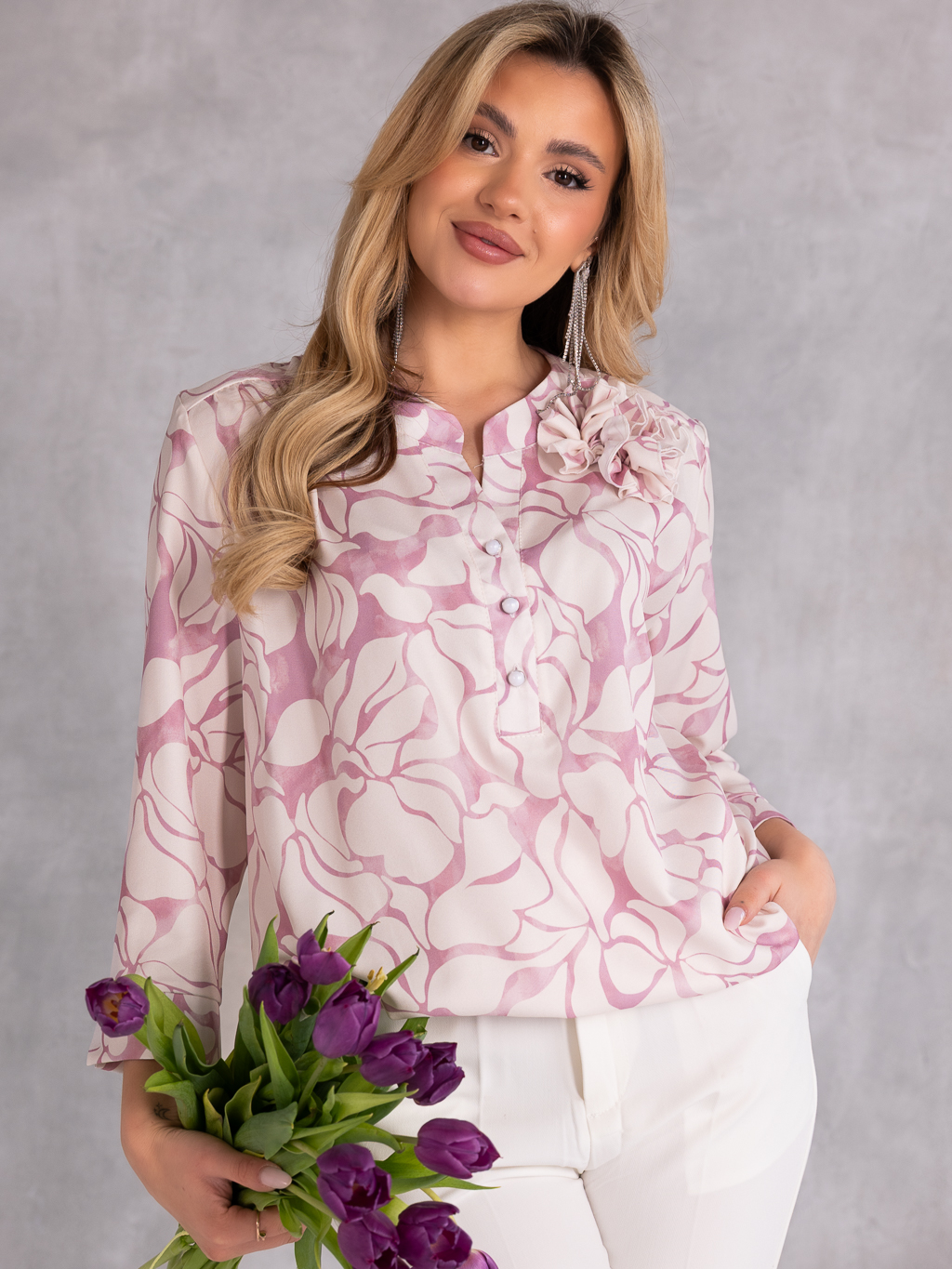 BLUZKA Koszulowa KWIAT Stójka CAELIA - Róż