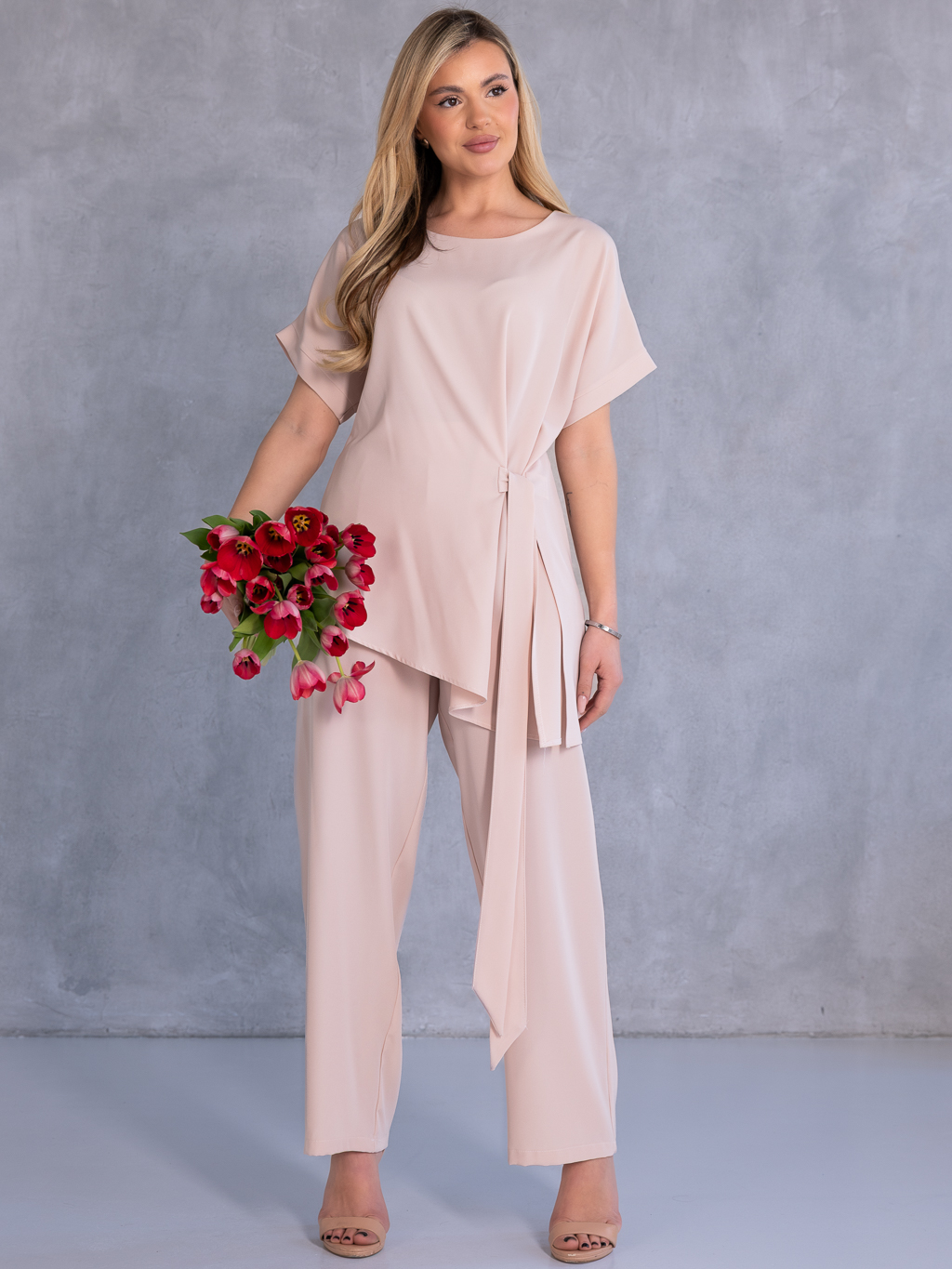 KOMPLET Asymetryczna BLUZKA Wiązanie NIRA - Nude