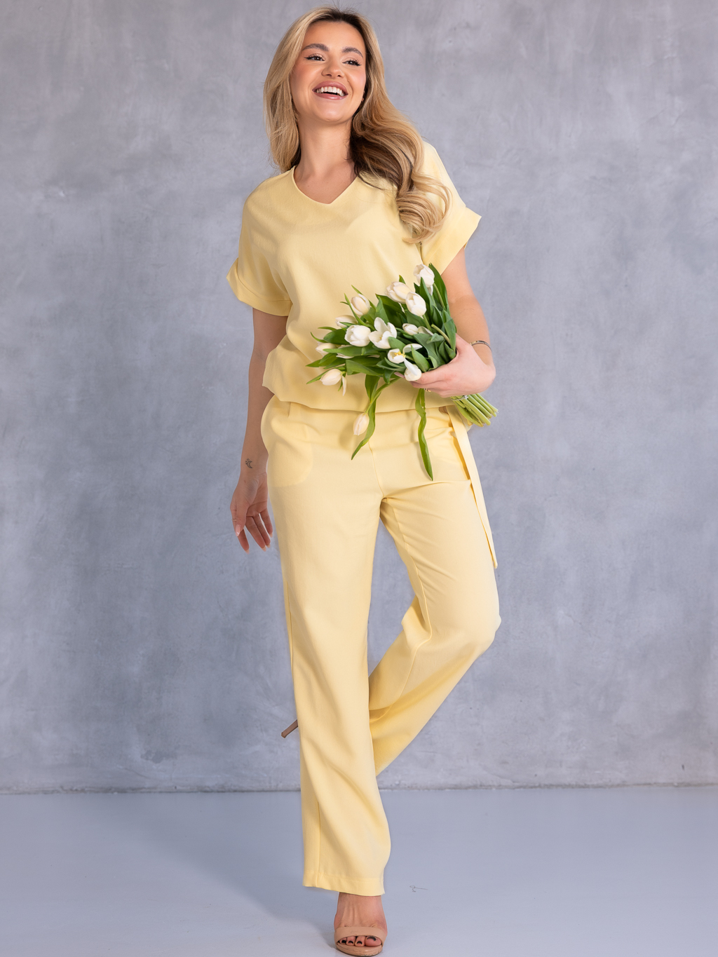 KOMPLET Spodnie KLAMRA Casual MERVE - bananowy