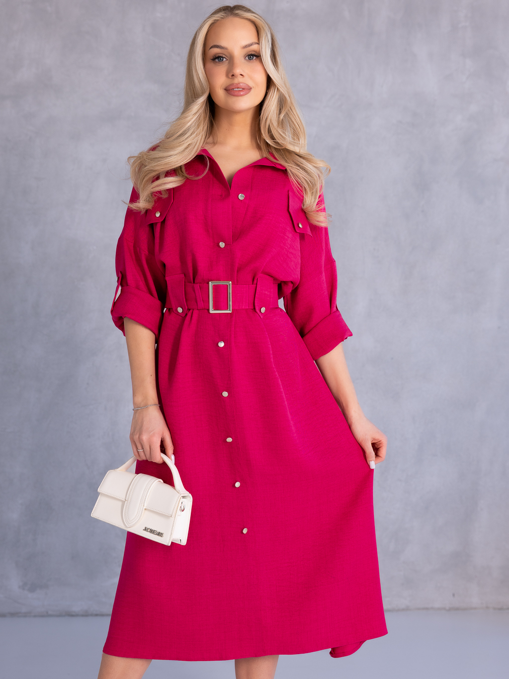 SUKIENKA Szmizjerka KOSZULOWA Midi KAILA - Fuksja