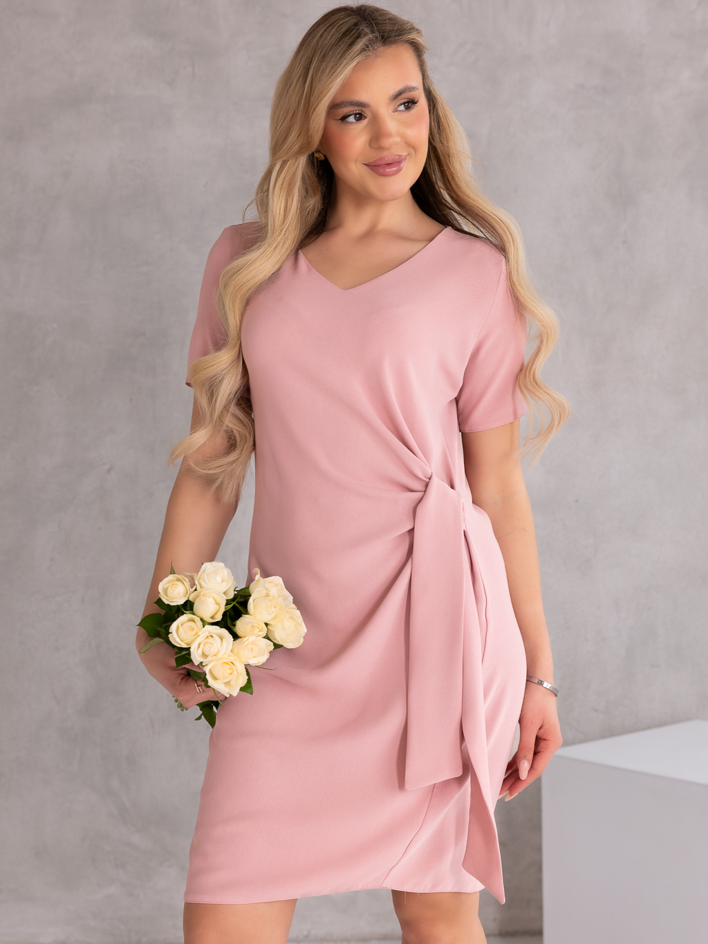 SUKIENKA elegancka WIĄZANIE dekolt serek LAVINIA - puder