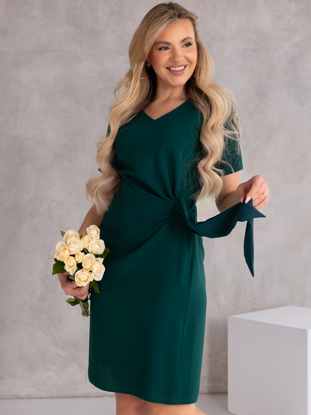 SUKIENKA elegancka WIĄZANIE dekolt serek LAVINIA - szmaragd