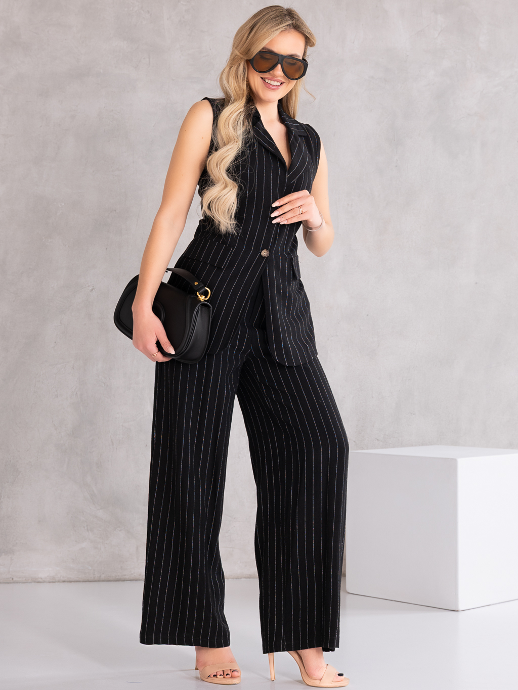 Elegancki KOMPLET Lniany PASKI Guzik LEYLA - black