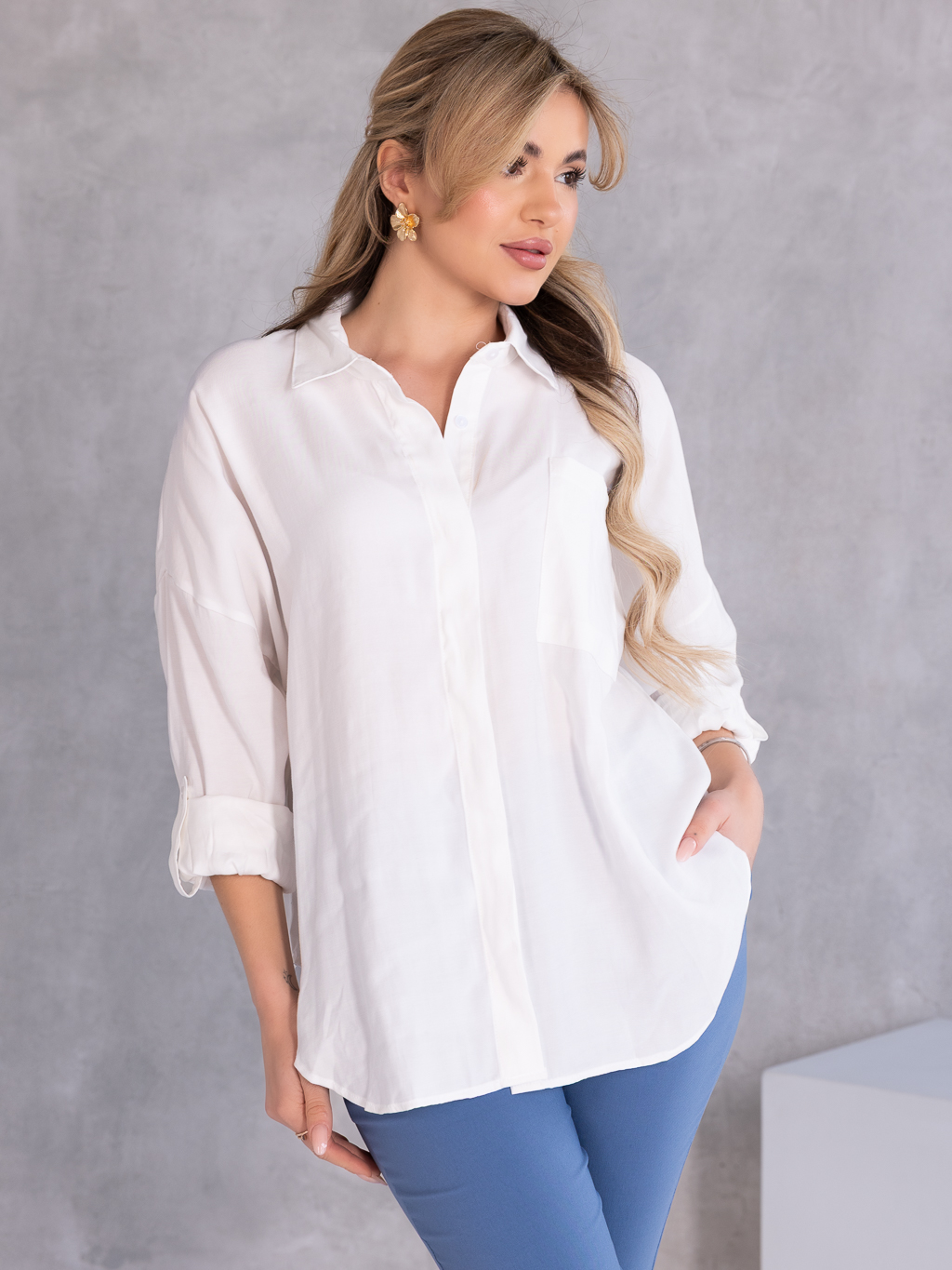 KOSZULA Kieszonka OVERSIZE Kołnierzyk GALATEA - Biel
