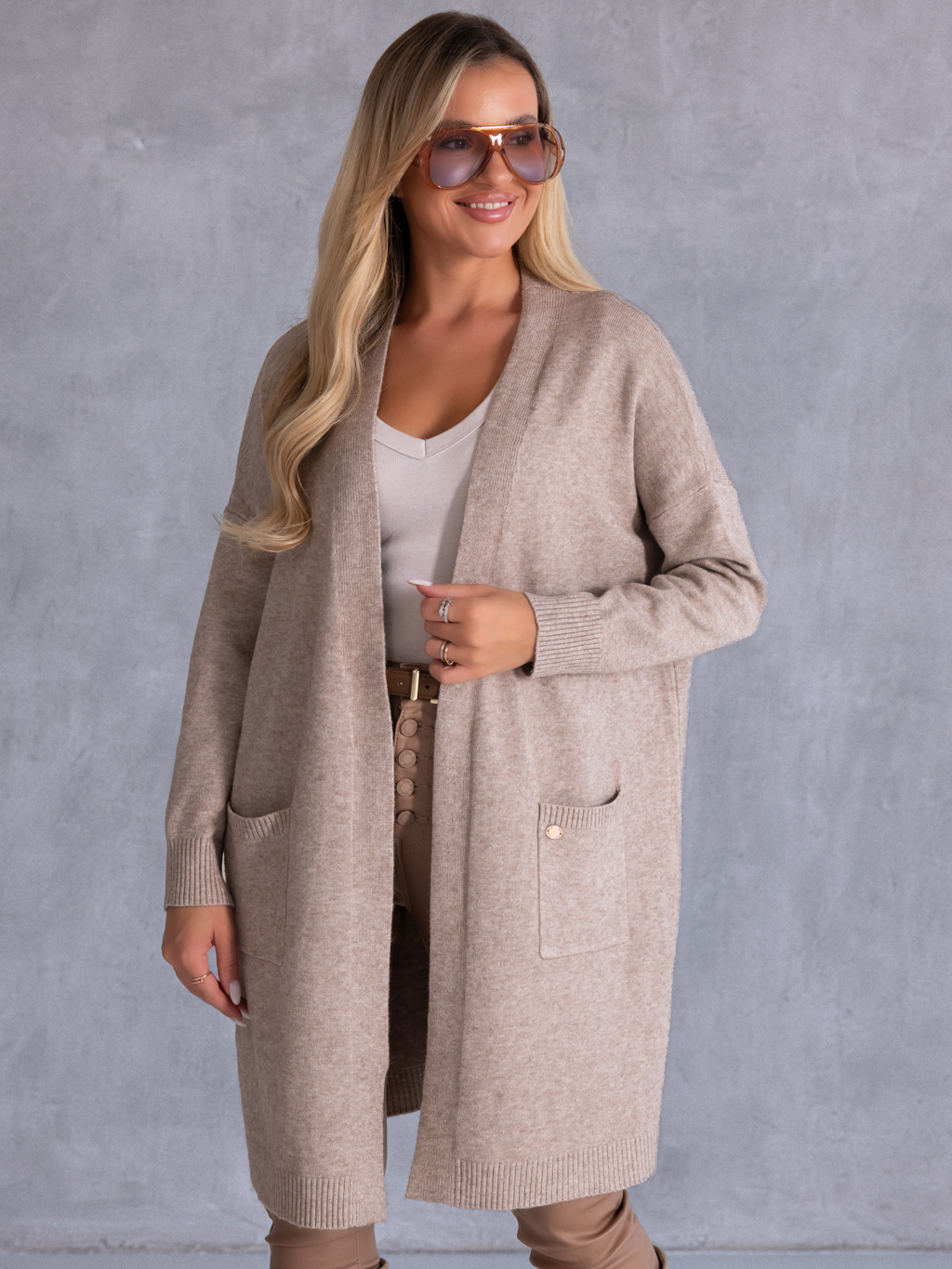 Klasyczny KARDIGAN Blaszka Kieszenie DELFINA - beige