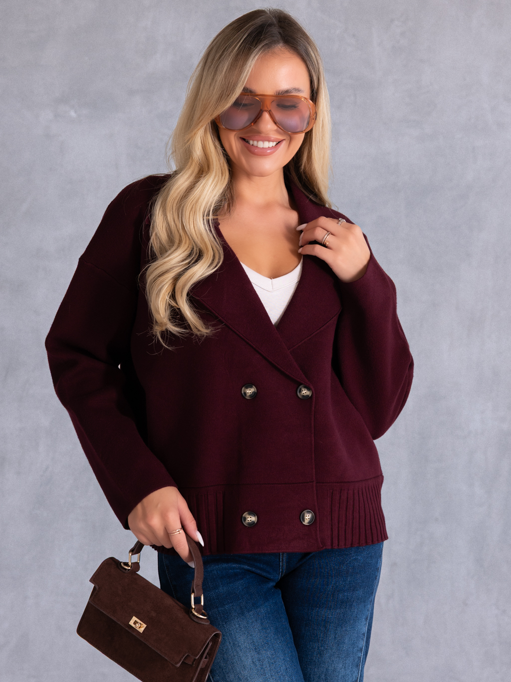 KARDIGAN Oversize Guziki Marynarka KALINA - bordo