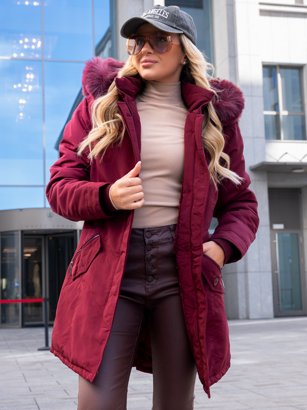 KURTKA Parka FUTERKO Kieszenie AISZA - Bordo