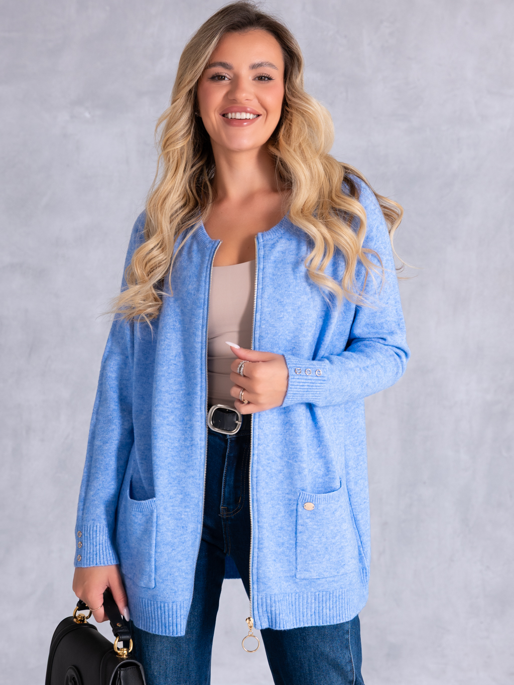 Sweter KARDIGAN ZAMEK Kieszenie VALESKA - Baby Blue