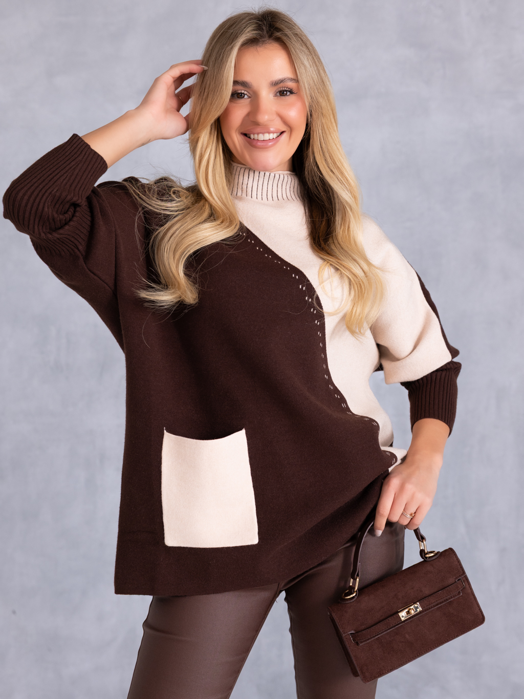 SWETER Kolorowy GOLF Kieszeń FRANKY - brąz i beż
