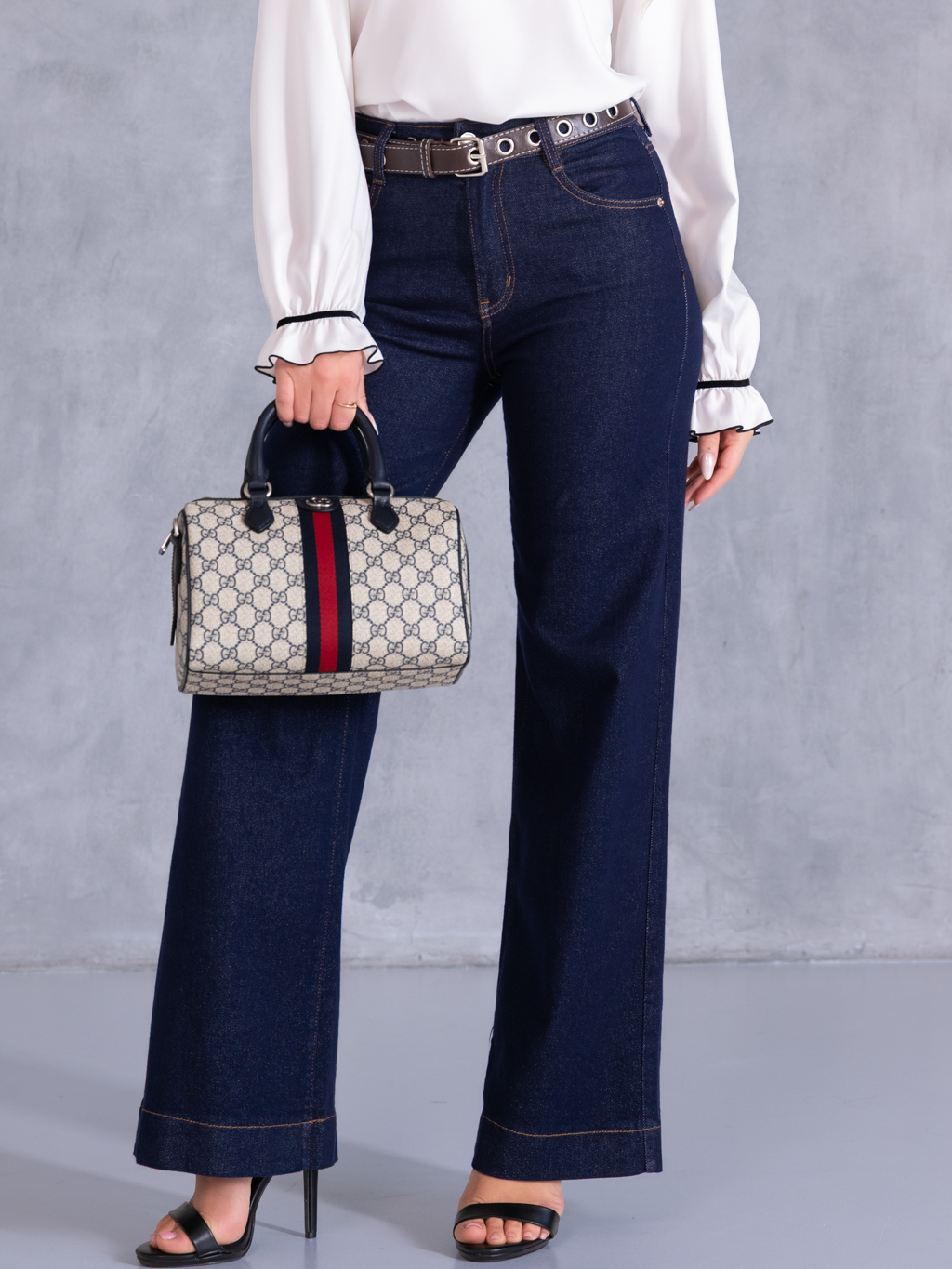 SPODNIE Jeansy WIDE LEG Pasek AKEMI - navy